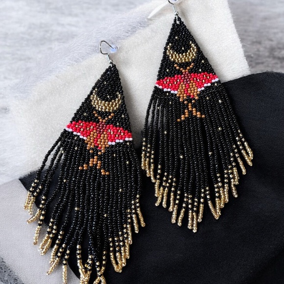 Bold Black Gold Silver Red Handmade Boho Witchy Beaded Earrings w/beaded fringe - Picture 14 of 16